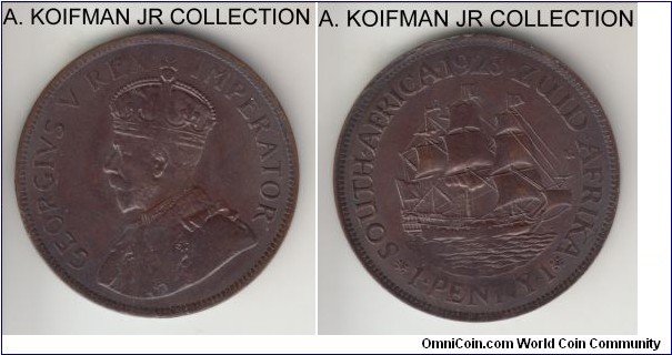 KM-14.1, 1923 South Africa penny; bronze, plain edge; George V, first year with small mintage of 91,000, unusual specimen - weakly struck and lightly cleaned yet very little wear and blacking is still present or restored.