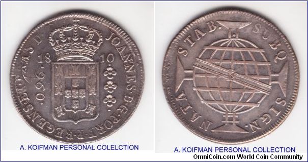 KM-307.3, 1810-R Brazil 960 reis; Rio mint solver large crown; overstruck on Potosi 8 real with P.J. assayer, that much detail I had been able to make from the host coin; condition wise I would say good very fine getting close to extra fine because overstruck coins are never as good as original ones.