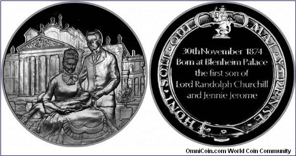 'Born at Blenheim Palace', The first of s collection of 24 sterling silver medallions, issued in 1974 by John Pinches for the Churchill Centenary Trust. Each medal has its own brief individual historical notes on the reverse. 38.55mms, weight 25.53 grams each.