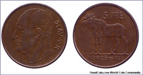 Norway, 5 öre, 1958, Bronze, King Olav V, Caribou.                                                                                                                                                                                                                                                                                                                                                                                                                                                                  