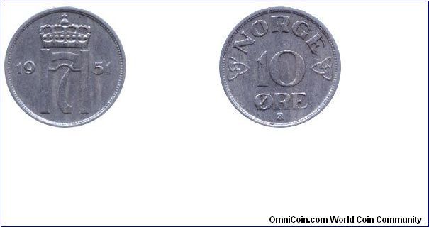 Norway, 10 öre, 1951, Cu-Ni, Monogram of King Haakon VII.                                                                                                                                                                                                                                                                                                                                                                                                                                                           