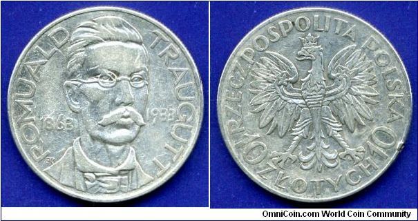 10 Zlotych.
Rech pospolita.
Romuald Traugutt 1863-1933.
Mintage 300,000 units.


Ag750f. 22,0gr.