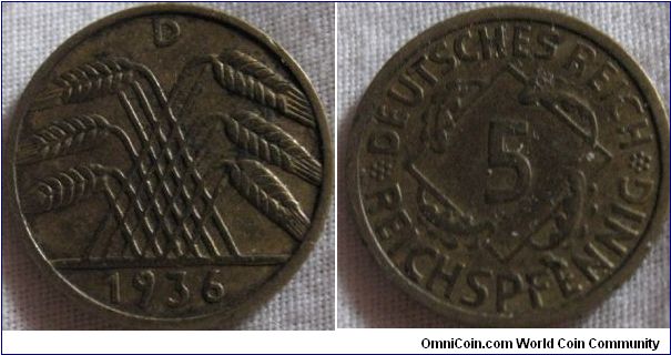 weimar 5 reichpfennig, last year of the issue before the nazi issues