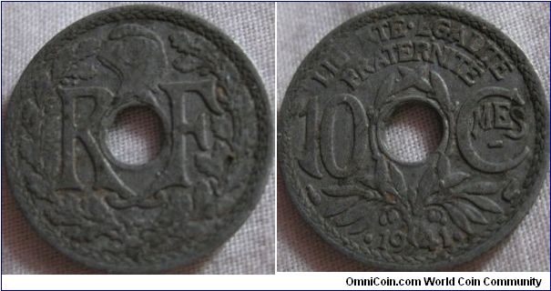 a zinc 10 centimes, only minted in 1941 (the design had been used since 1914)