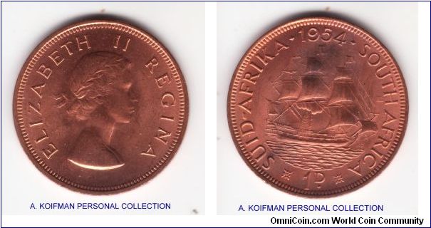 KM-46, 1954 South Africa penny, pleasant about 85% red specimen with a hint of brownish toning starting on reverse