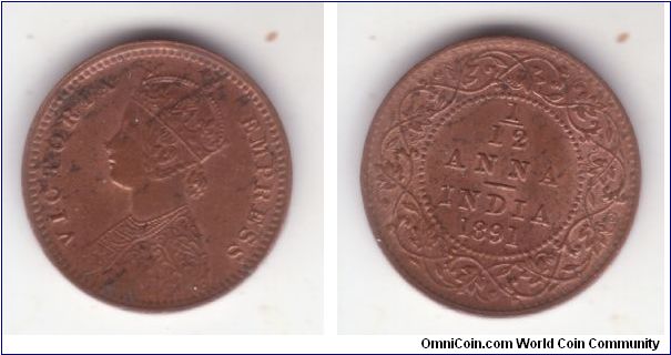 KM-483, 1891 British India 1/12 anna (1 pie); small copper coin; mostly dark red; about uncirculated