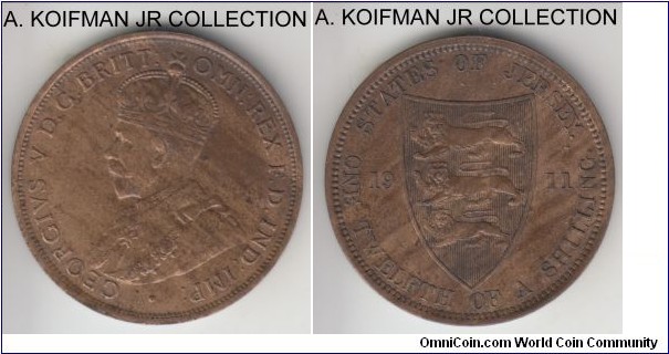 KM-12, 1911 Jersey 1/12'th of a shilling; bronze, plain edhe; George V, streaky toning on this otherwise good extra fine coin; die crack by the S and H.K. Fear's reverse die AA variety.