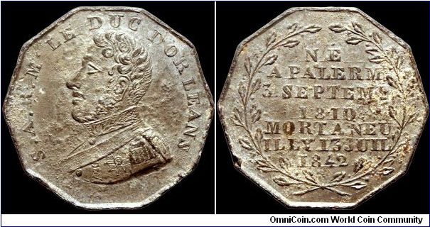 Death of the Duke D'Orleans, France.

A ten-sided lead medal, unlisted as far as I can tell.                                                                                                                                                                                                                                                                                                                                                                                                                      
