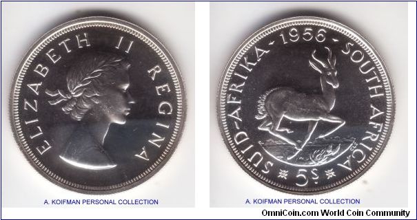 KM-52, 1956 South Africa proof 5 shillings (crown); very nice mirror like fields (there is no hazing on the bottom, its my scanner)