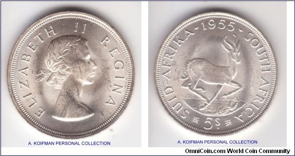 KM-52, 1955 South Africa 5 shillings; nice crown in business strike, mintage was relatively small at 40,000; bright uncirculated,  some bagmarks