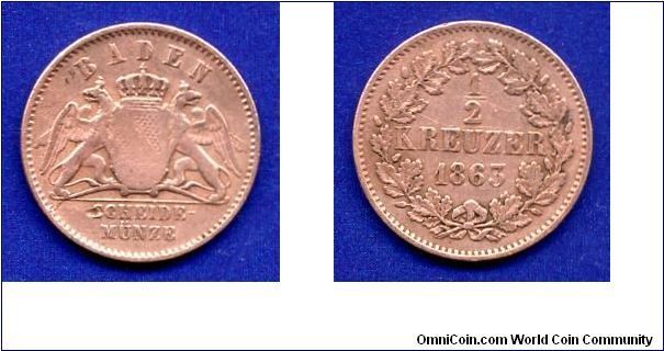 1/2 kreuzer.
Duchy of Baden.
Friedrich I, as Grand Duke (1856-1907).
Mintage 298,000 units.


Cu.