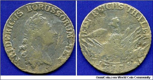 False Prussian Thaler Friedrich the Great. 
Fake 18-th century. 
Matereal - silver plated copper or other alloy.