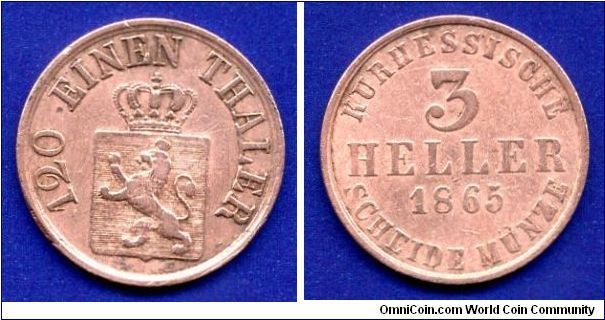 3 heller.
Duchy of Hessen-Kassel.
Grand Duke Friedrich Wilhelm (1847-1866).


Cu.