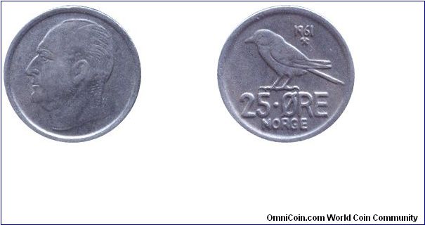 Norway, 25 öre, 1961, Cu-Ni, King Olav V, sparrow.                                                                                                                                                                                                                                                                                                                                                                                                                                                                  