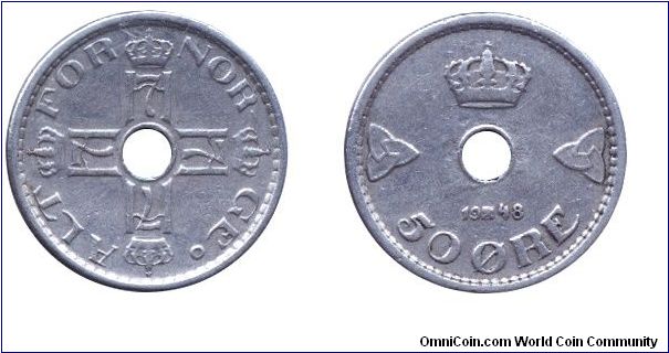 Norway, 50 öre, 1948, Cu-Ni, holed.                                                                                                                                                                                                                                                                                                                                                                                                                                                                                 