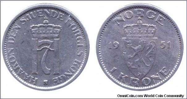 Norway, 1 krone, 1951, Cu-Ni, Seal of King Haakon VII.                                                                                                                                                                                                                                                                                                                                                                                                                                                              