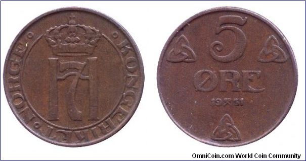 Norway, 5 öre, 1951, Bronze.                                                                                                                                                                                                                                                                                                                                                                                                                                                                                        