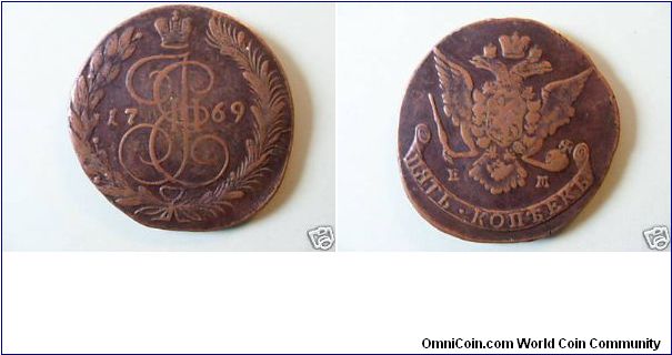 Russia.
5 kopeks,
copper,
1769,
Rare,
eagle of 1758.