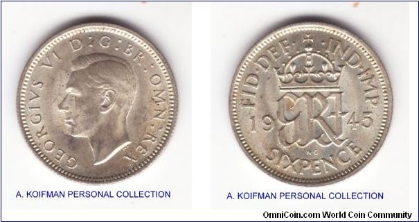 KM-852, 1945 Great Britain 6 pence; silver, reeded edge; George VI, coin is in mint condition but obviously had been in the money bag, nice luster.