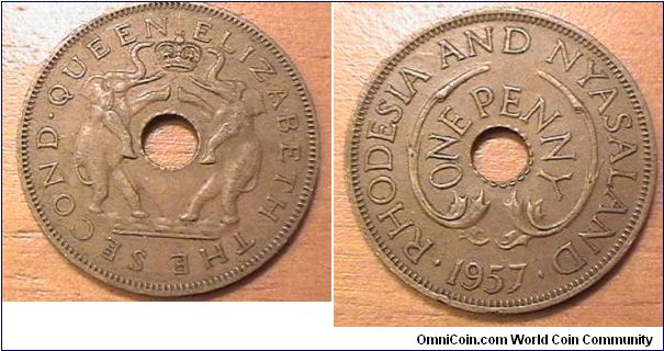 QUEEN ELIZABETH THE SECOND, RHODESIA AND NYASAAND ONE PENNY