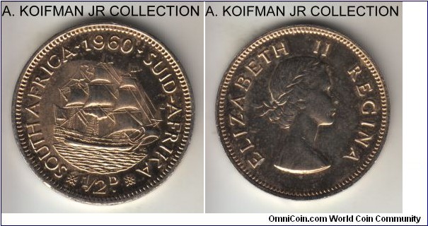 KM-45, 1960 South Africa (Dominion) 1/2 penny; bronze, plain edge; Elizabeth II, guilded for novelty or tried to pass 1/2d for a gold coin :).