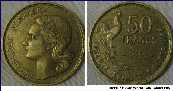 gorgeous bright coloured (lustre faded?) 1952 50 franc, in very nice EF condition