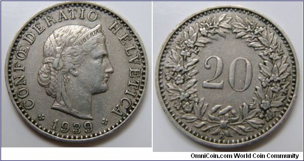 20 Rappen (Nickel) : 1881-1938
Obverse: Head of Helvetia right, LIBERTAS on headband 
 CONFOEDERATIO HELVETICA date 
Reverse: Value within wreath 
 20