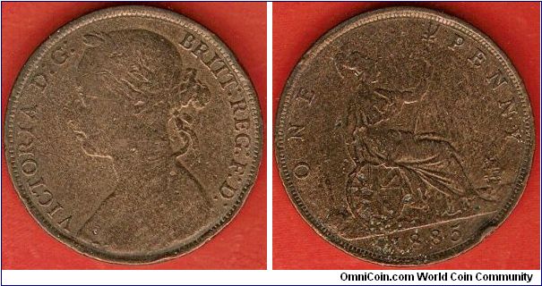 1 penny
Victoria D.G. Britt. Reg. F.D.
Brittannia facing right
bronze