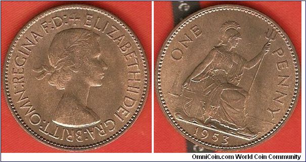 1 penny
Elizabeth II Dei Gra. Britt. Omn. Regina F.D.
Brittannia facing right
bronze