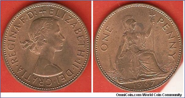 1 penny
Elizabeth II Dei Gratia Regina F.D.
Brittannia facing right
bronze