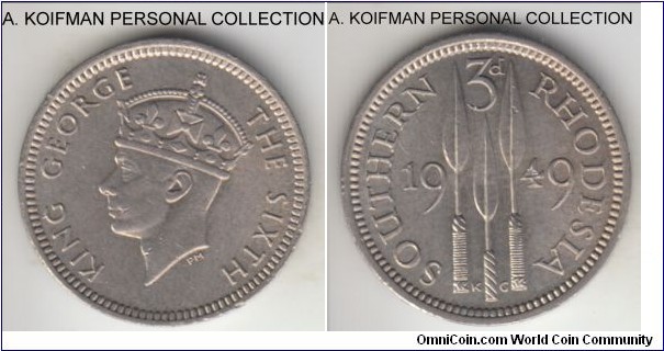 KM-20, 1949 Southern Rhodesia 3 pence; copper-nickel, plain edge; post war George VI, scarce in pleasant almost uncirculated and lustrous condition.