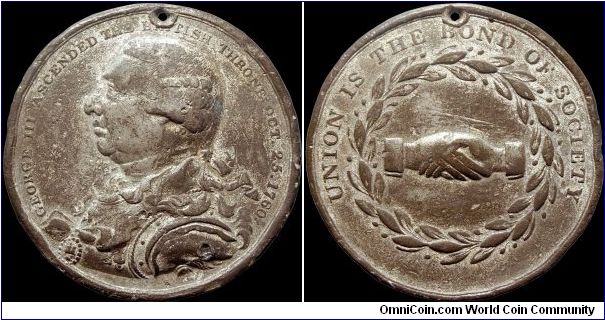Death of George III, Great Britain.

A mule that used two dies produced at the time of George III's death. It is probably a Masonic medal although it is unlisted.                                                                                                                                                                                                                                                                                                                                                