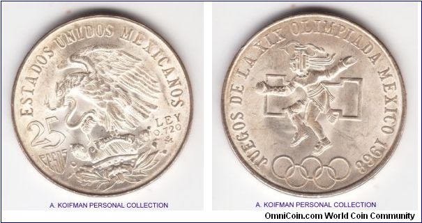 KM-479.1, 1968 Mexico 25 pesos; commemorative Olympic issue, type I with normal olympic rings level and straight tongue; lettered incused edge, average uncirculated but with the nice matte luster.