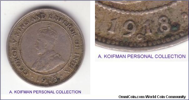 KM-24, 1918 Jamaica farthing; following Heaton mintage in 1916 this year farthings were struck at the Royal Canadian mint bearing C mintmark under the date as shown to the right; average fine or about coin