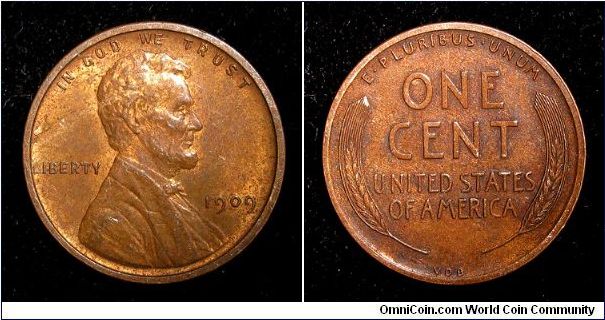 1909 (V.D.B)_ XF-AU Bronze Small Cent_Lincoln, Wheat Ears Reverse.