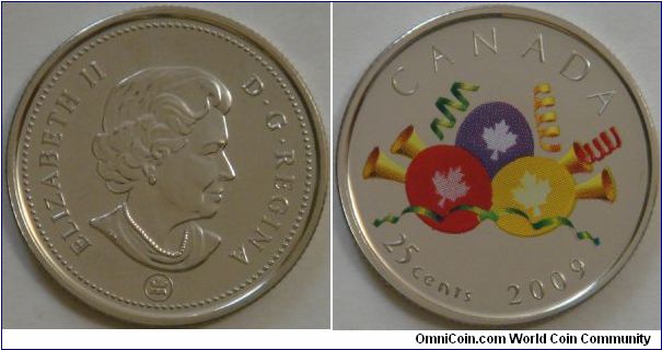 Canada, 25 cents, 2009 Happy Birthday, colored coin