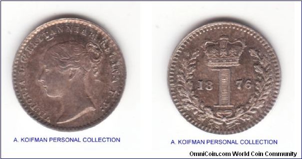 KM-727, 1876 Great Britan maundy penny; xood extra fine to about uncirculated; tiny silver coin with plain edge