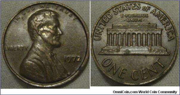 1972 D cent, bit of dye wear or a weak strike on reverse