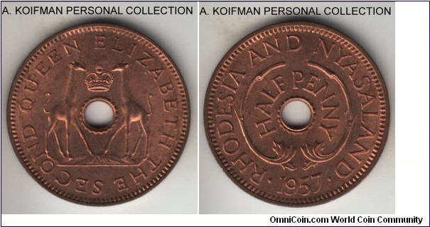 KM-1, 1957 Rhodesia & Nyasaland half penny; bronze, plain edge; mostly red uncirculated, common but good grade.