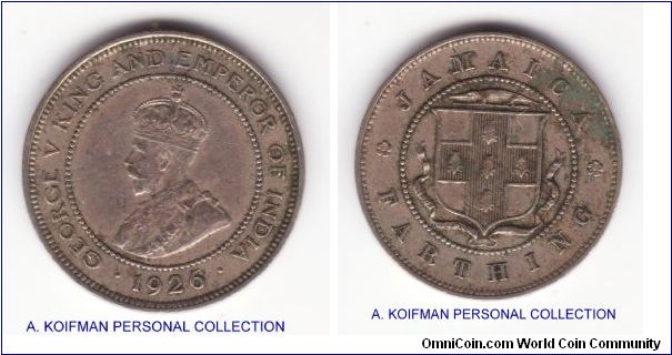 KM-24, 1926 Jamaica farthing; almost very fine with a pitting or corrosion spot on reverse; plain edge copper nickel