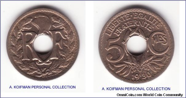 KM-875, 1930 France 5 centimes; copper nickel plain edge; about uncirculated condition.
