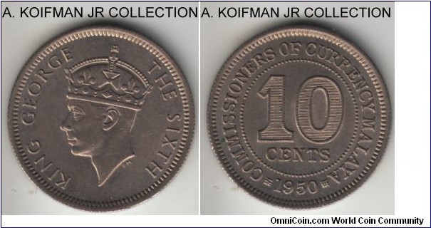 KM-8, 1950 Malaya 10 cents; copper-nickel, reeded edge; late George VI issue, lightly toned uncirculated.