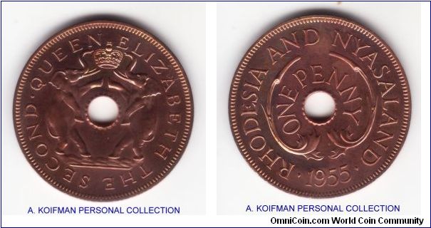 KM-2, 1955 Rhodesia & Nyasaland proof penny; plain edge bronze; there is some toning setting in but most of the cin is still blazing red and reflective proof; nice, not very rare, mintage 2,010 pieces.