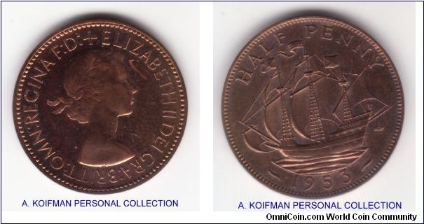 KM-882, 1953 Great Britain proof half penny; bronze plain edge some brown tonings on effigy and a few streaks on reverse; otherwise red, probably 50%