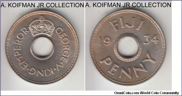 KM-2, 1934 Fiji penny; copper-nickel, holed flan, plain edge; George V, first year of issue, nice bright choice uncirculated, very light toning.