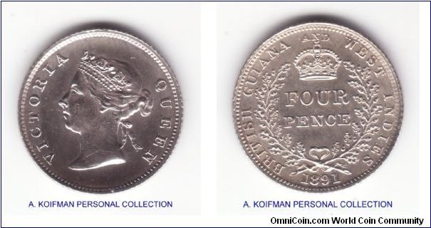 KM-26, 1891 British Guiana or West Indies 4 pence; silver, reeded edge; this small coin is in very nice condition, looks uncirculated or very close to although the toning is a bit unnatural so I will not vouch for it not be have been wiped at somepoint of time in the past; still very nice and appealing, I may grade it one day.