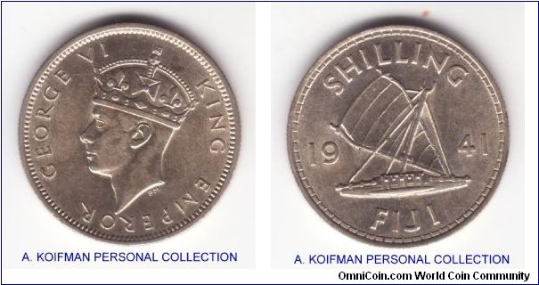KM-12, 1941 Fiji shilling; silver reeded edge, it is about extra fine with a bit more wear on King's effigy than I would like tbut reverse is nice goof extra fine in my opinion; mintage 40,000
