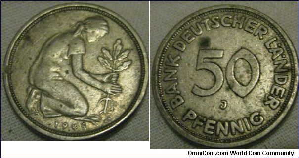 VF, j mintmark 50 pfennig, 1 year issue (legend was changed in 1950)