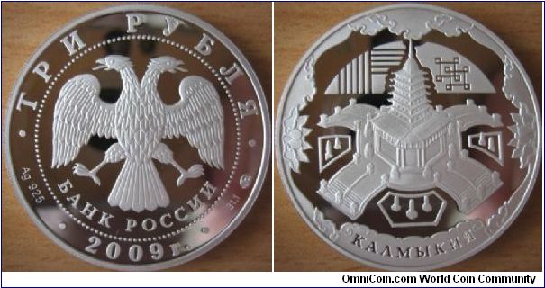 3 Ruble - Kalmykiya - 33.94 g Ag .925 Proof - mintage 5,000