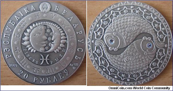 20 Rubles - Zodiac signs - Pisces - 28.28 g Ag .925 UNC (with two synthetic crystals) - mintage 25,000